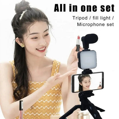 Smartphone Vlogging Kit with Tripod Phone Holder Mini Microphone LED Fill Light Starter for Tiktok Live Stream Video Youtube